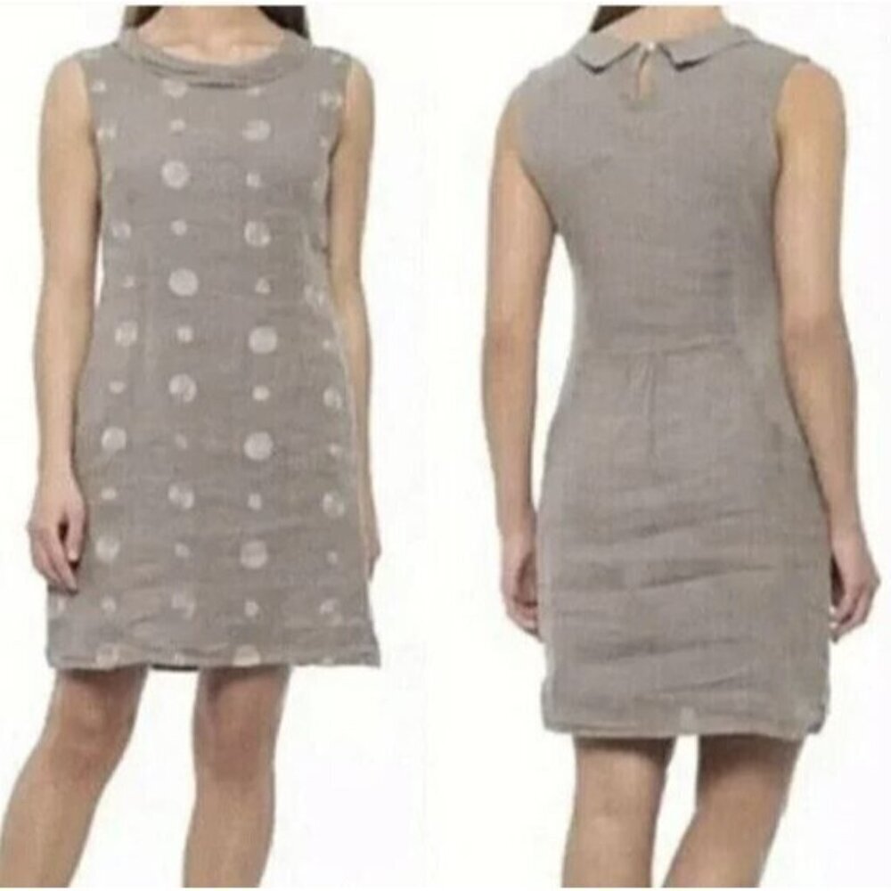 Lina Tomei Dress Womens Medium Taupe Linen Embroidered Dots Sleeveless Sheath